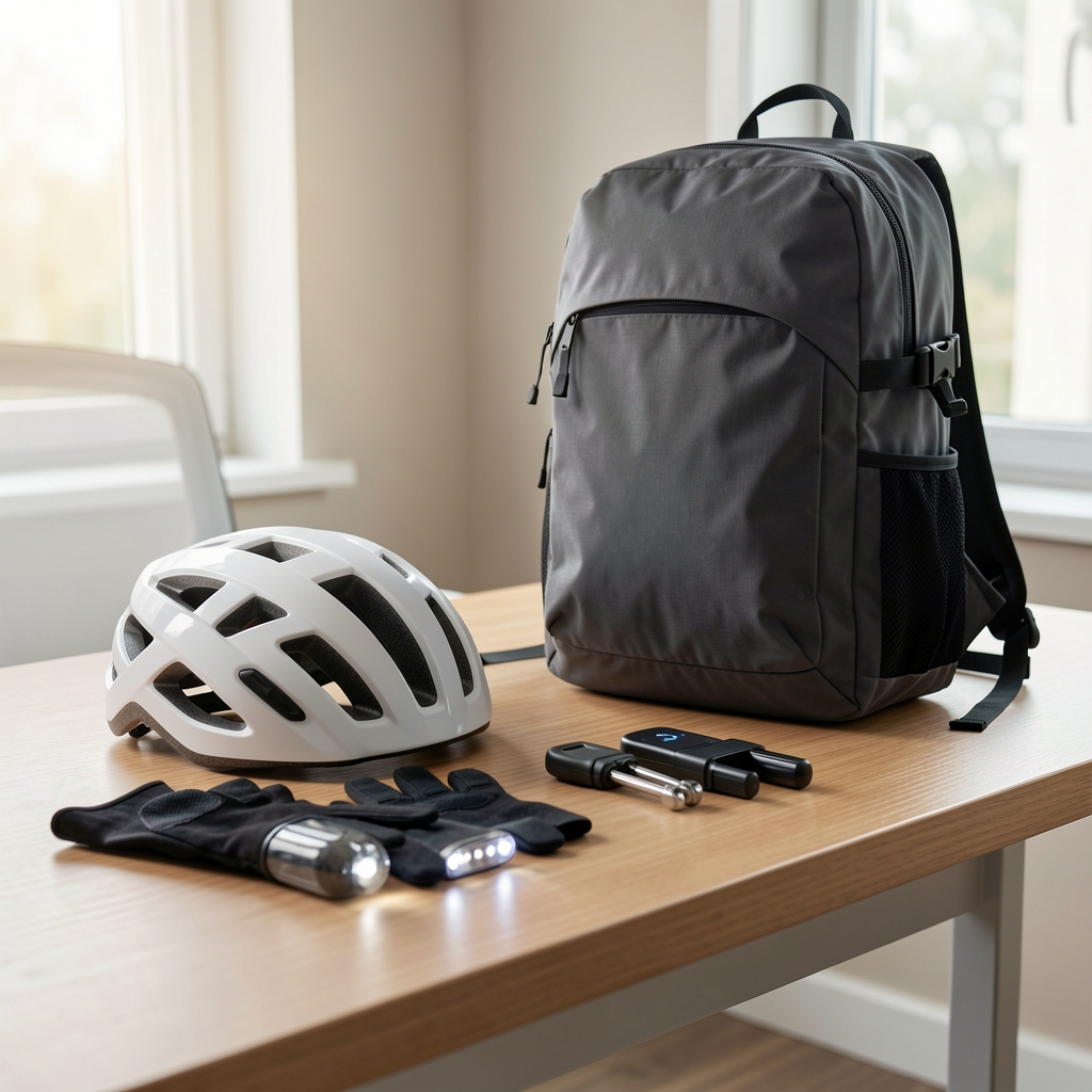 Set complet de accesorii pentru ciclism urban aranjat pe birou: cască albă, mănuși, lumini LED, lacăt smart și rucsac impermeabil