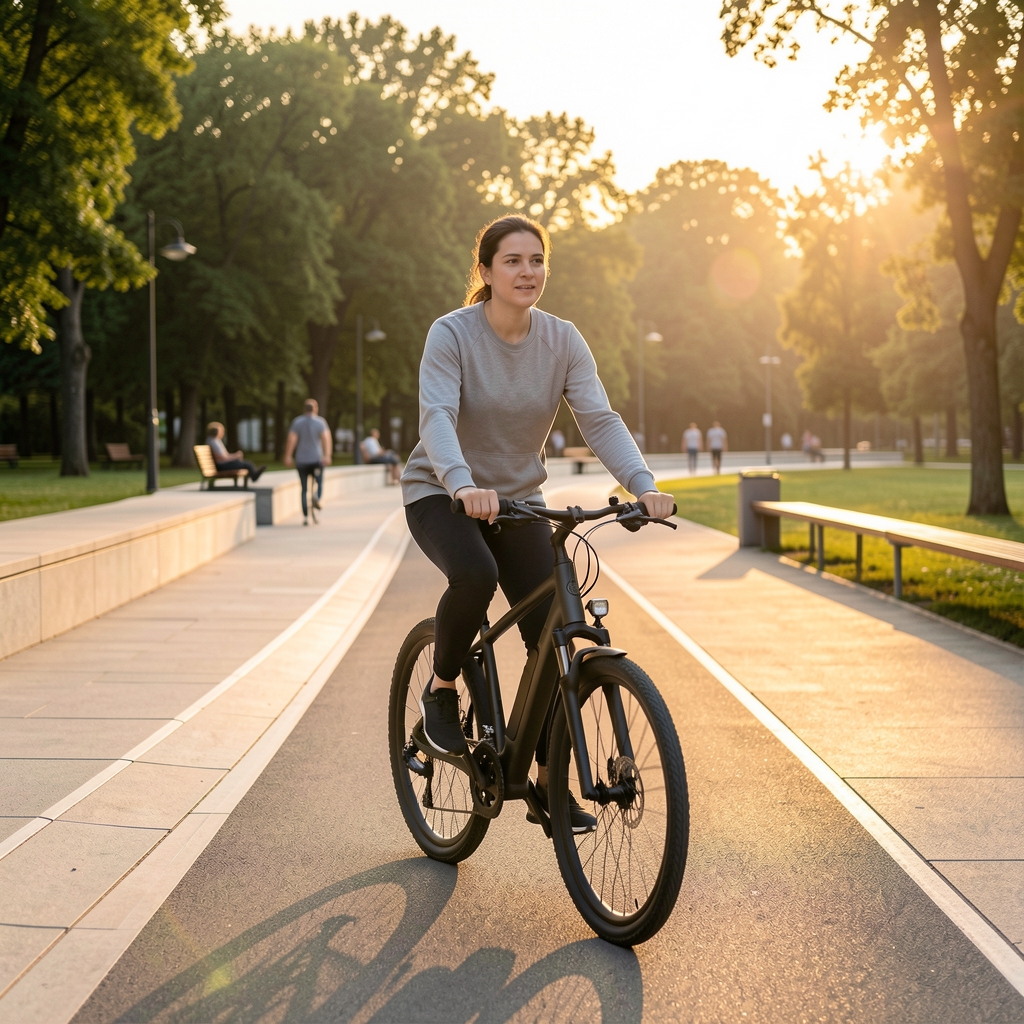 Persoană care pedalează o bicicletă electrică pe o pistă modernă din Parcul Herăstrău, București, în lumina aurie a după-amiezii