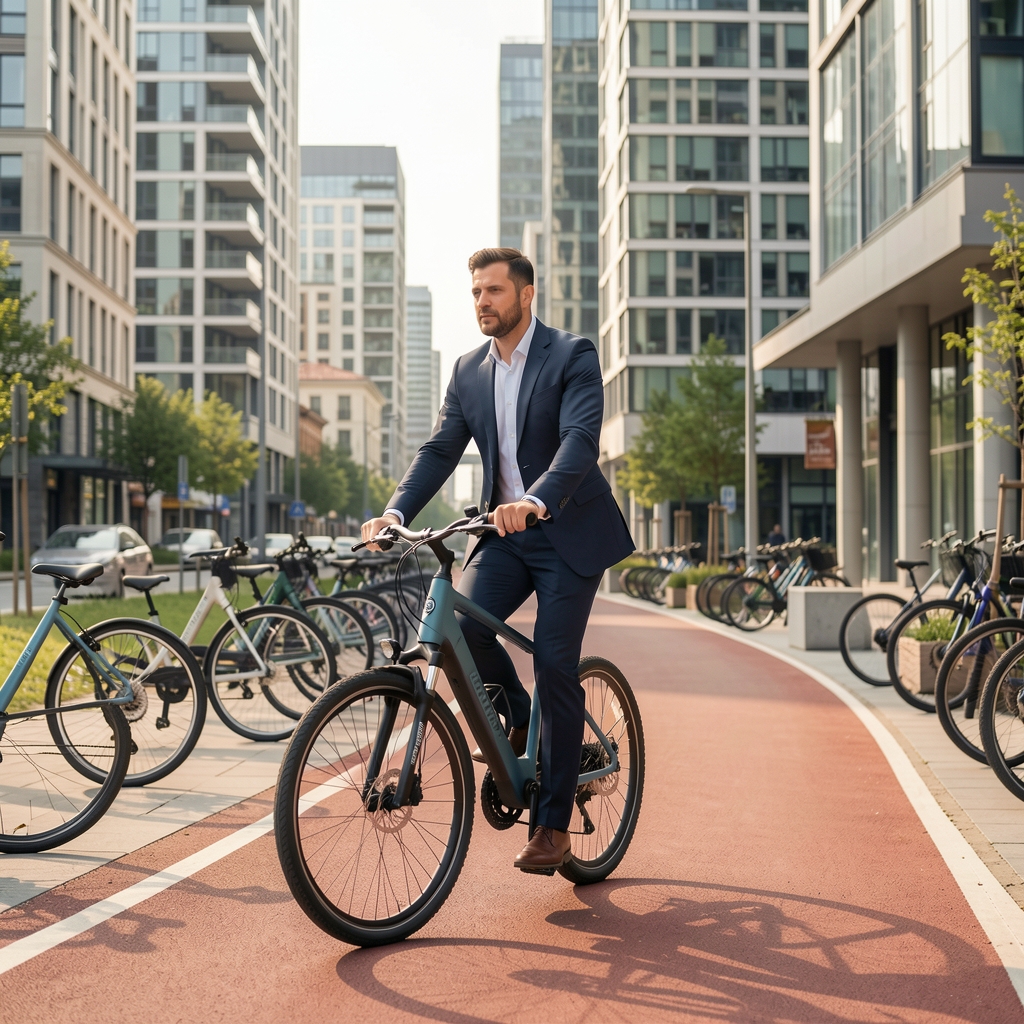 Bărbat în costum de afaceri mergând cu bicicletă electrică pe pista de biciclete dintr-un centru urban modern, cu clădiri contemporane în fundal