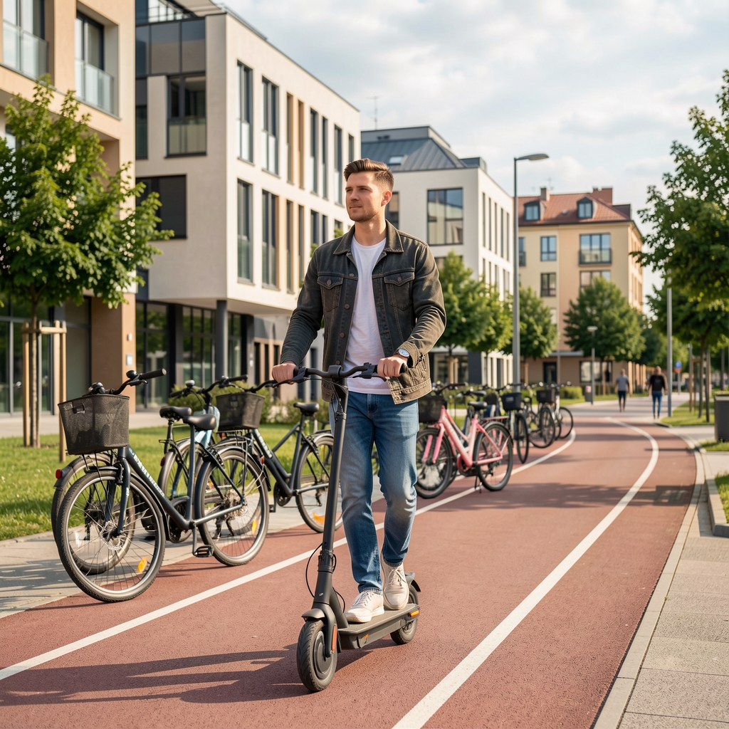 Tânăr profesionist îmbrăcat casual care merge cu trotineta electrică pe pista de biciclete din centrul Clujului, cu clădiri moderne în fundal
