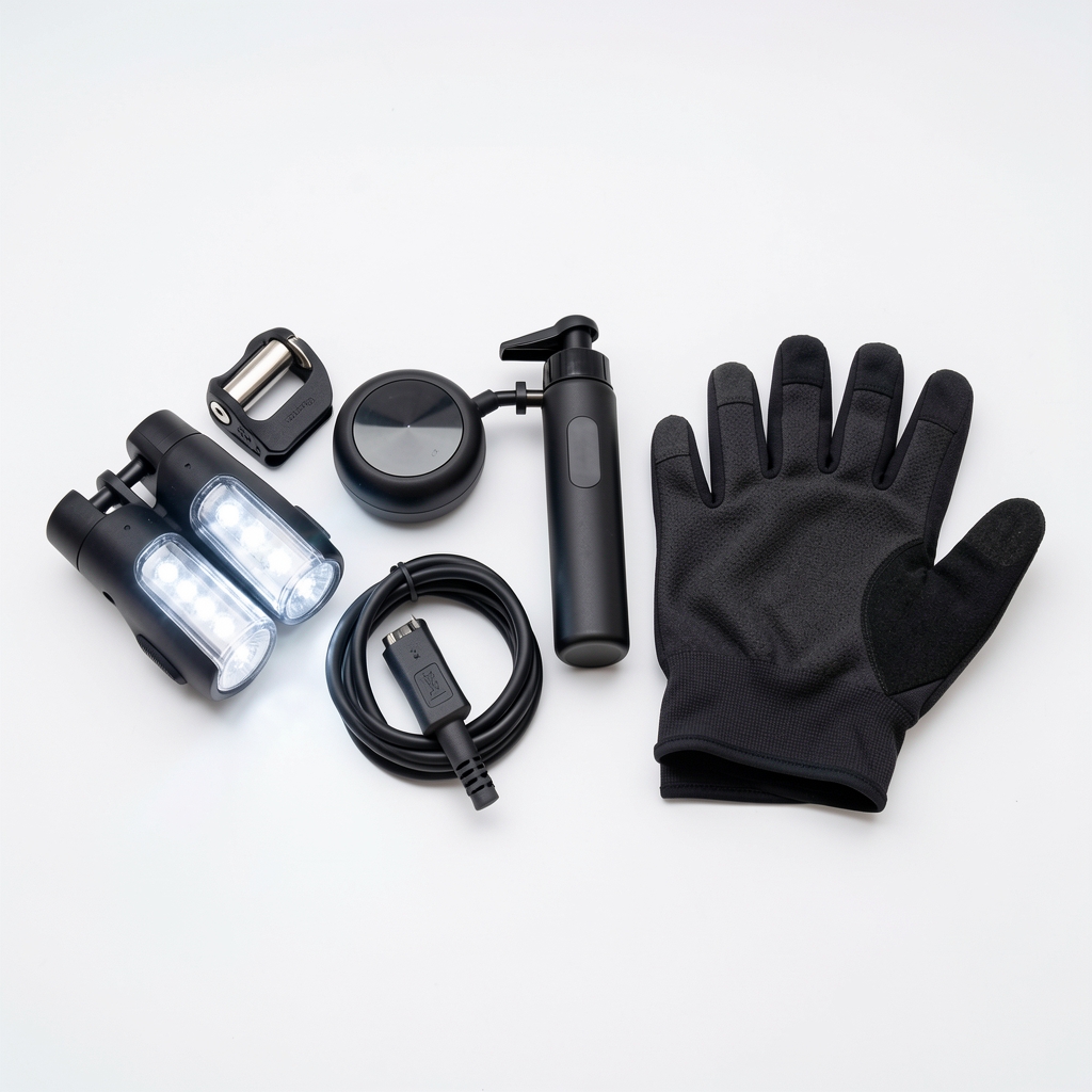 Set de accesorii pentru bicicletă electrică: lumini LED, lacăt smart, pompă portabilă și mănuși ciclism pe fundal alb