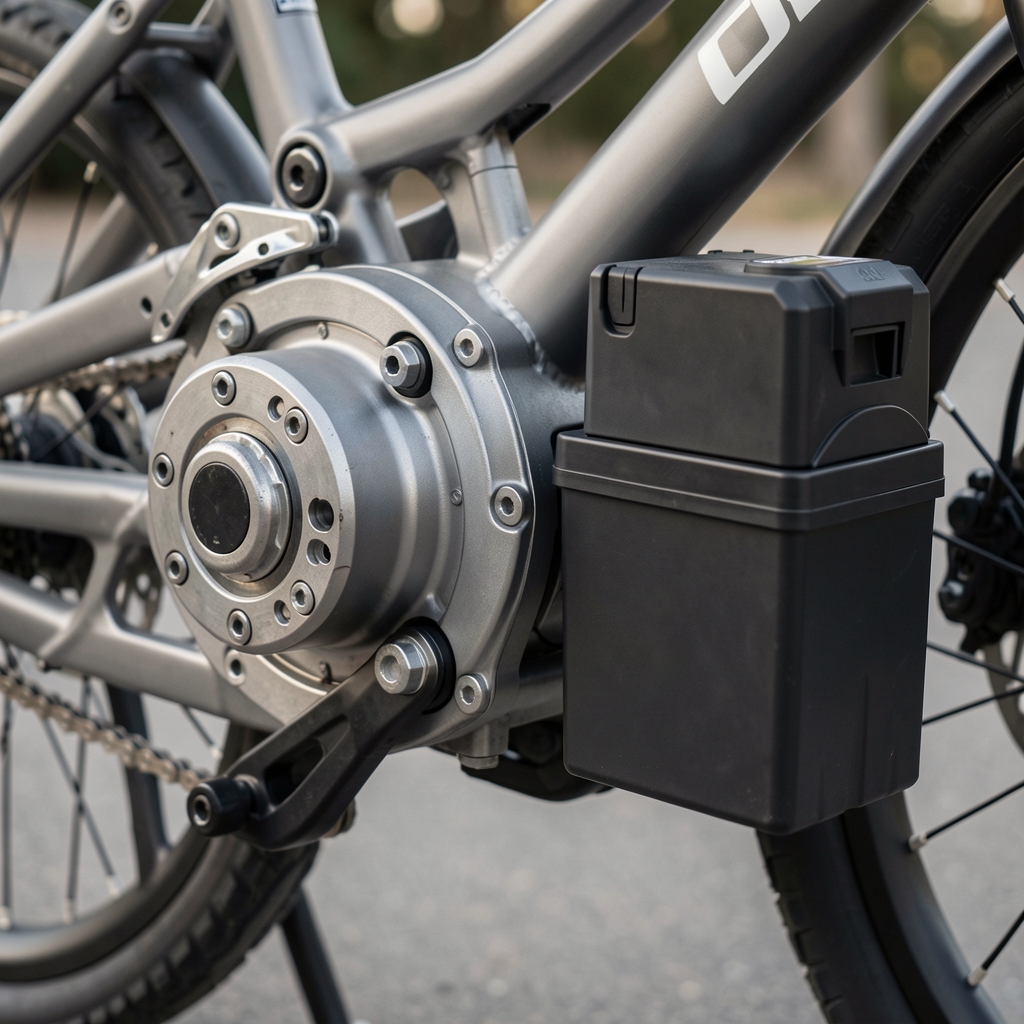 Bicicletă electrică modernă cu cadru aluminiu, afișaj digital și baterie integrată, fotografiată pe pistă de biciclete urbane