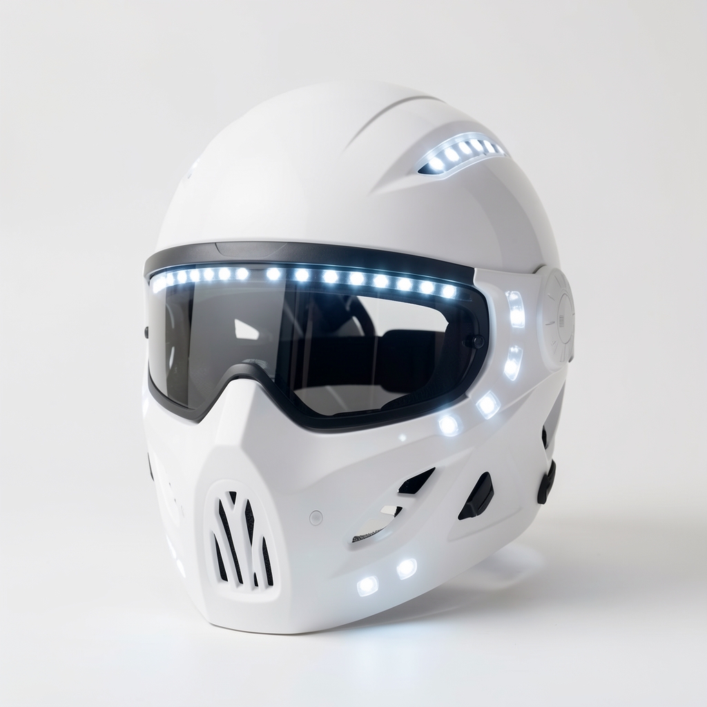 Cască de protecție smart albă cu lumini LED integrate și sistem de ventilație, pe fundal alb în studio