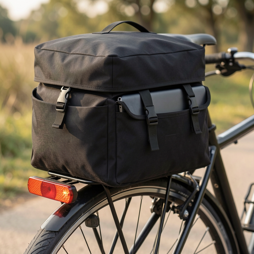 Geantă waterproof pentru bicicletă în culoare neagră, montată pe portbagaj, cu compartiment laptop și reflectorizante