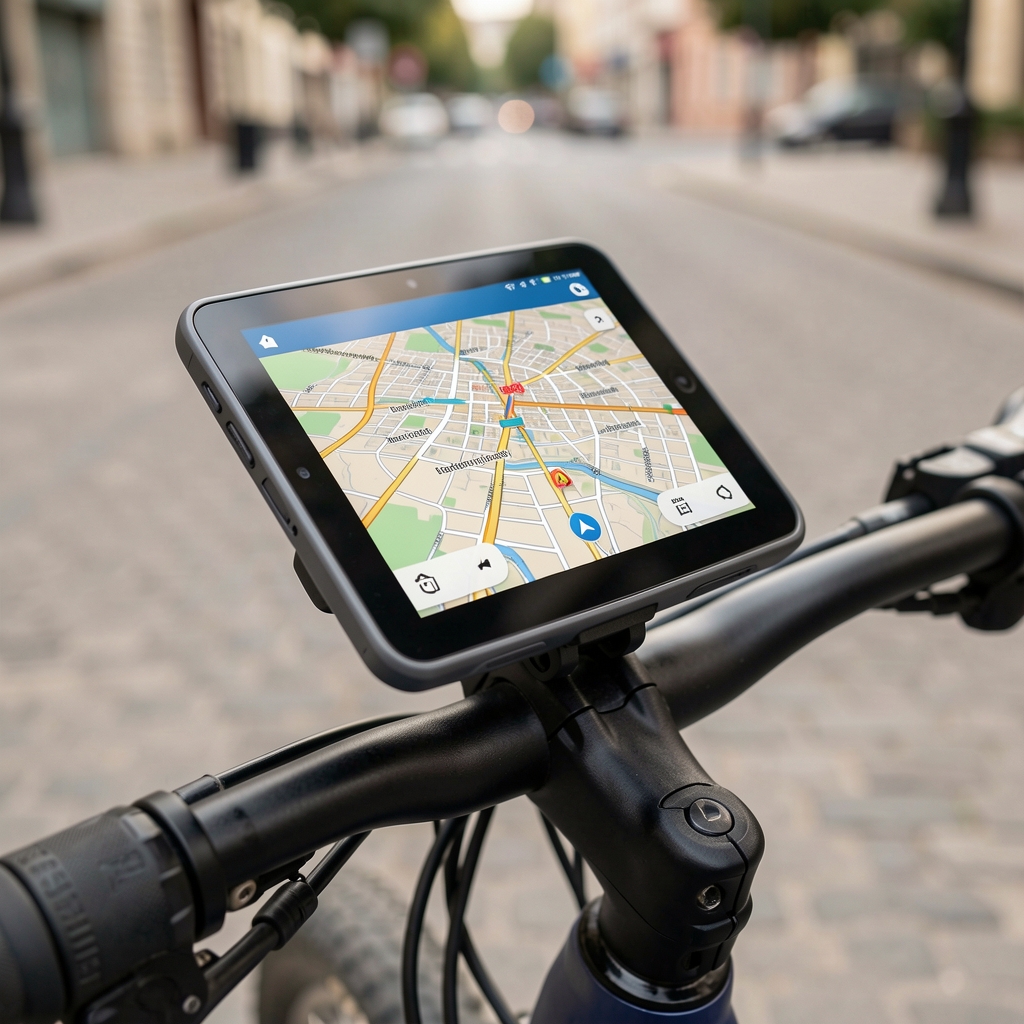 Dispozitiv GPS pentru bicicletă cu ecran color touchscreen, montat pe ghidon, afișând harta orașului