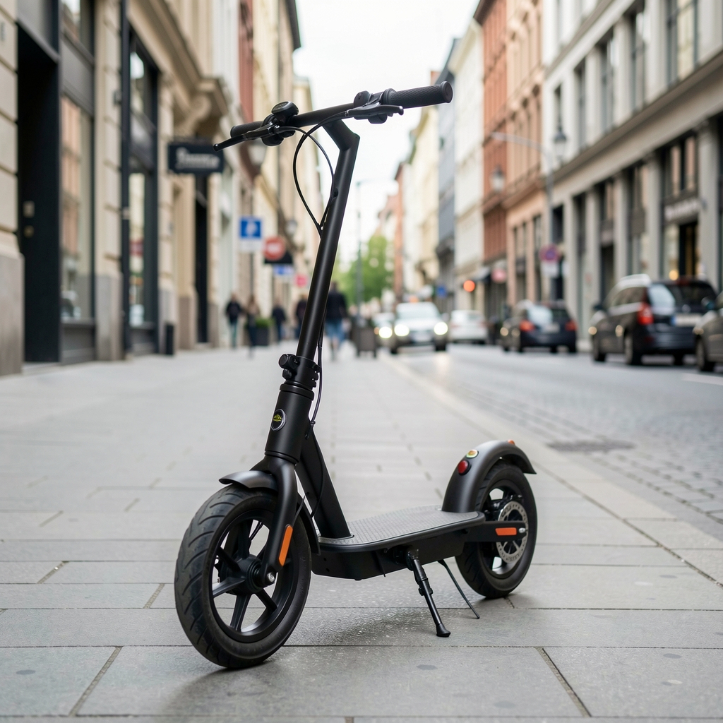 Trotinetă electrică neagră cu ghidon reglabil și roți mari de 10 inch, fotografiată pe trotuar urban din centrul orașului