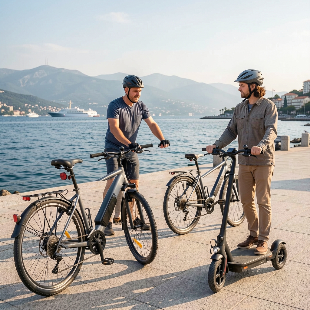 Echipa Mossvector în biroul din Constanța, testând biciclete electrice și trotinete pe promenada Constanța cu marea Neagră în fundal