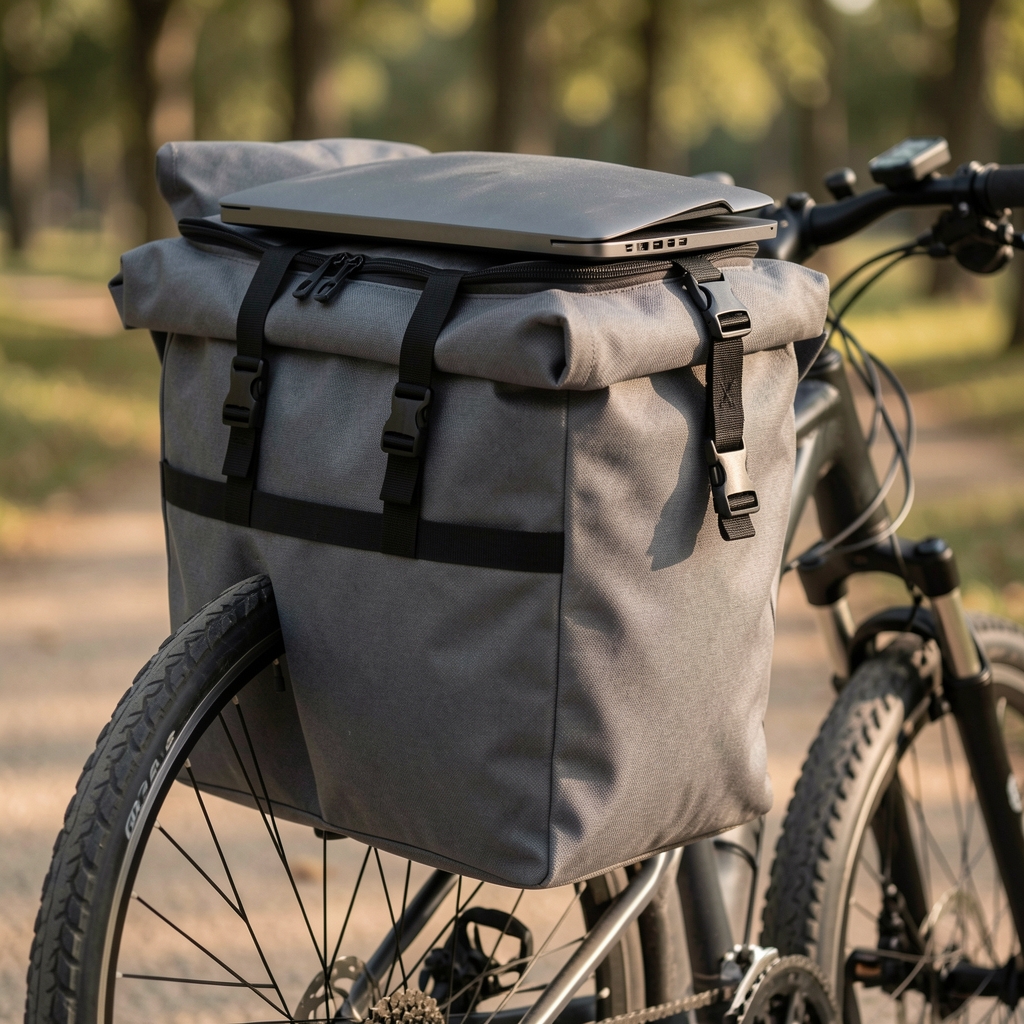 Genți laterale Thule Shield Pannier 25L gri-grafit cu sistem roll-top, prindere pe portbagaj bicicletă și compartiment laptop