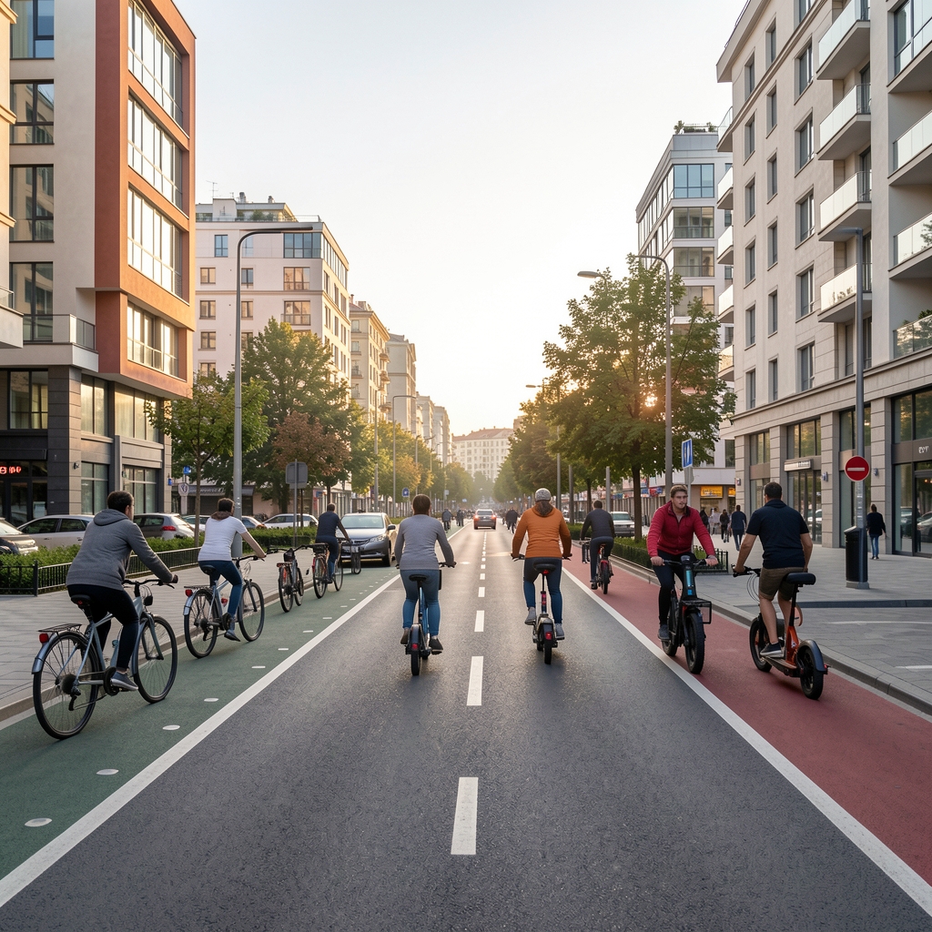 Peisaj urban modern din București cu pistă de biciclete, bicicliști și utilizatori de trotinete electrice în lumina dimineții
