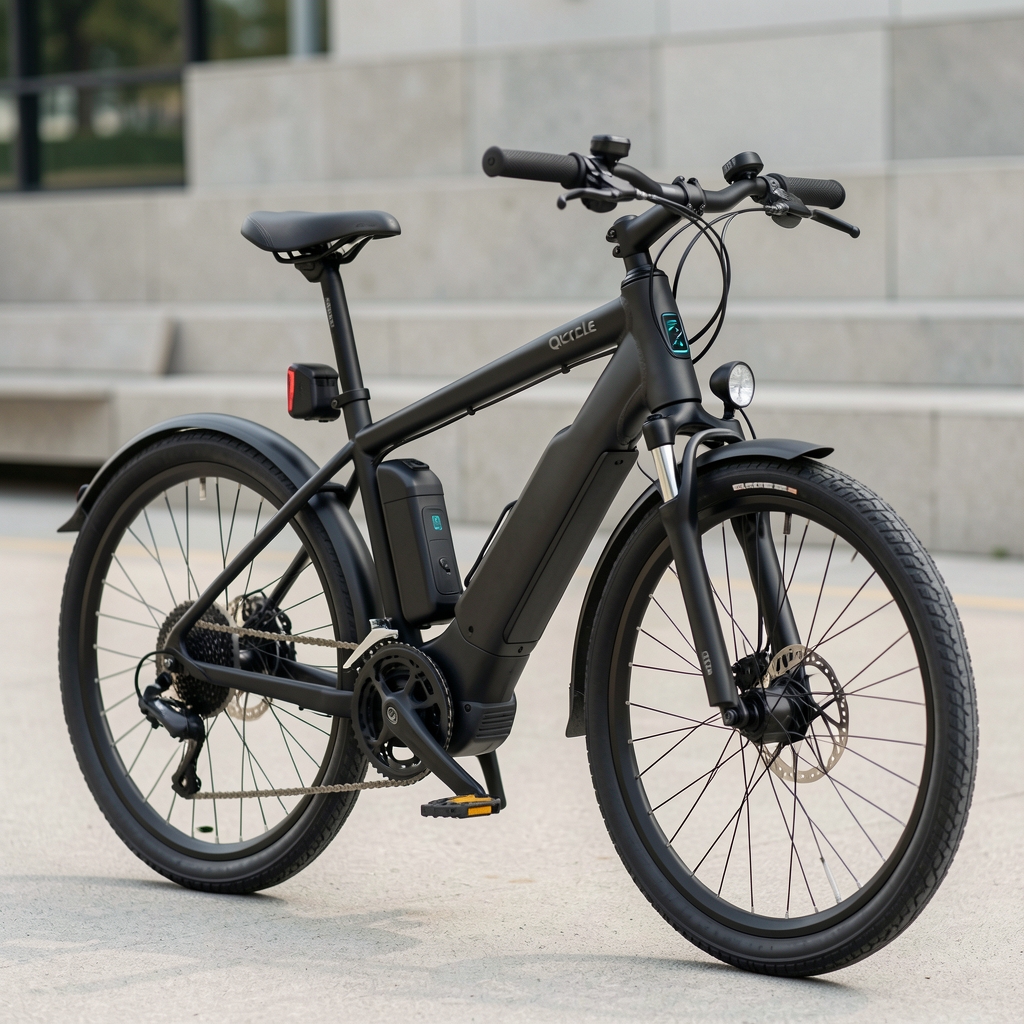 Bicicletă electrică Xiaomi Mi Qicycle neagră cu cadru aluminiu T700, motor 250W și afișaj TFT color, pe fundal urban modern