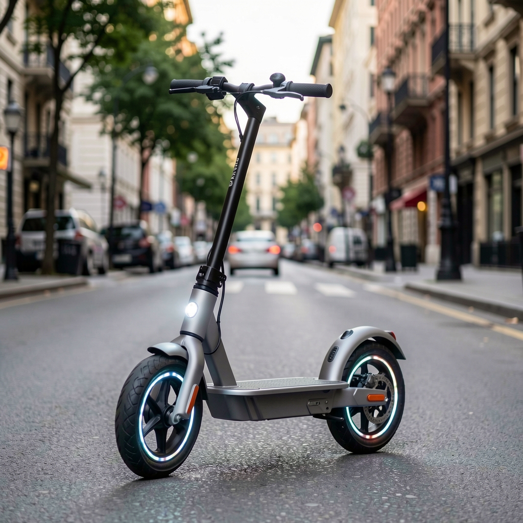 Trotinetă electrică Segway Ninebot Max G2 în culoare gri metalic, cu roți de 10 inch și iluminare LED, fotografiată pe stradă