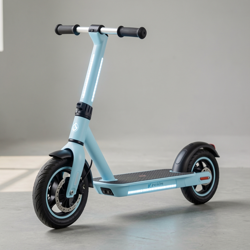 Trotinetă electrică Inokim OXO albastru-deschis cu cadru din aluminiu aerospațial, lumini LED integrate și platformă din carbon