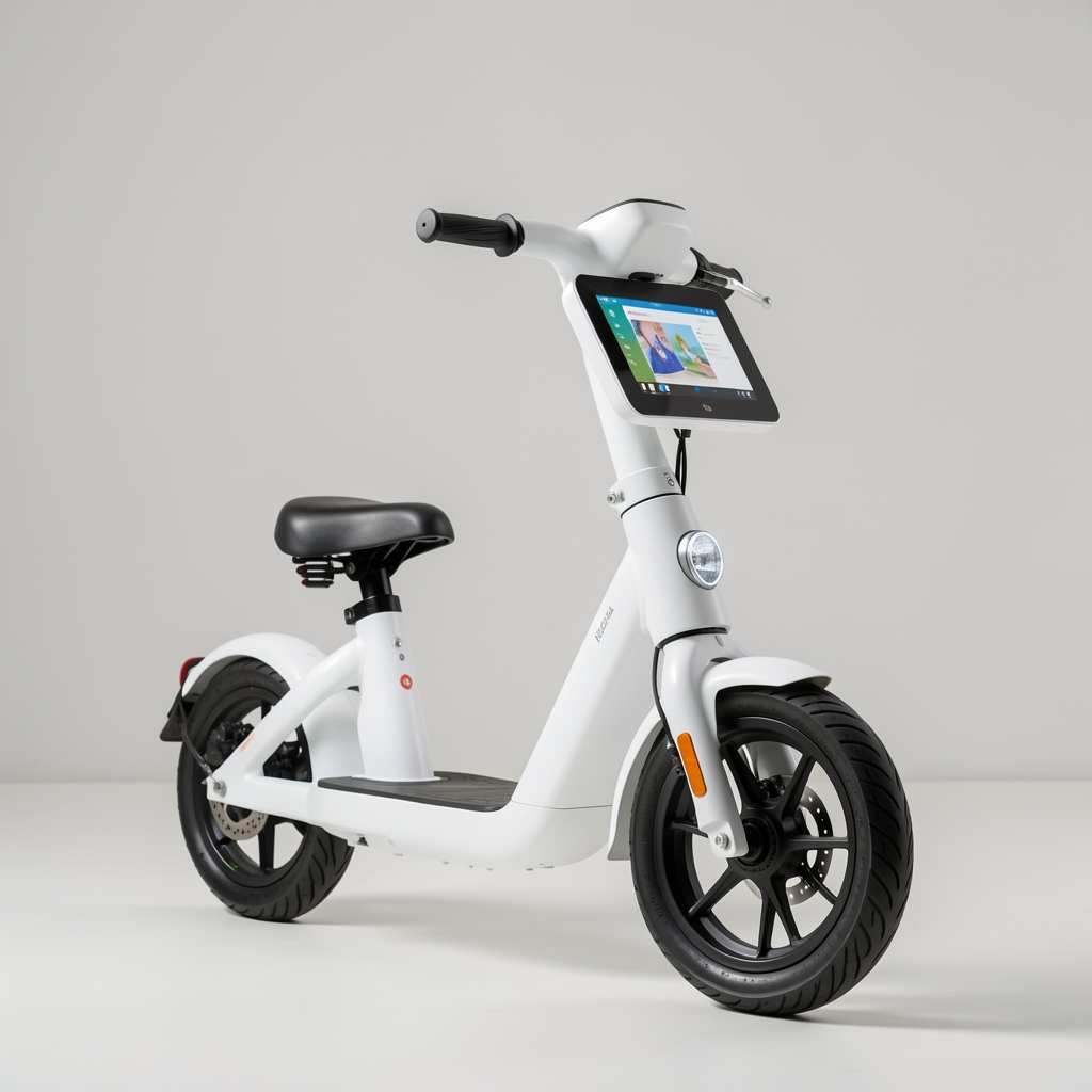 Trotinetă electrică Navee N65 albă cu design minimalist, ecran TFT color și anvelope auto-sigilante de 10 inch