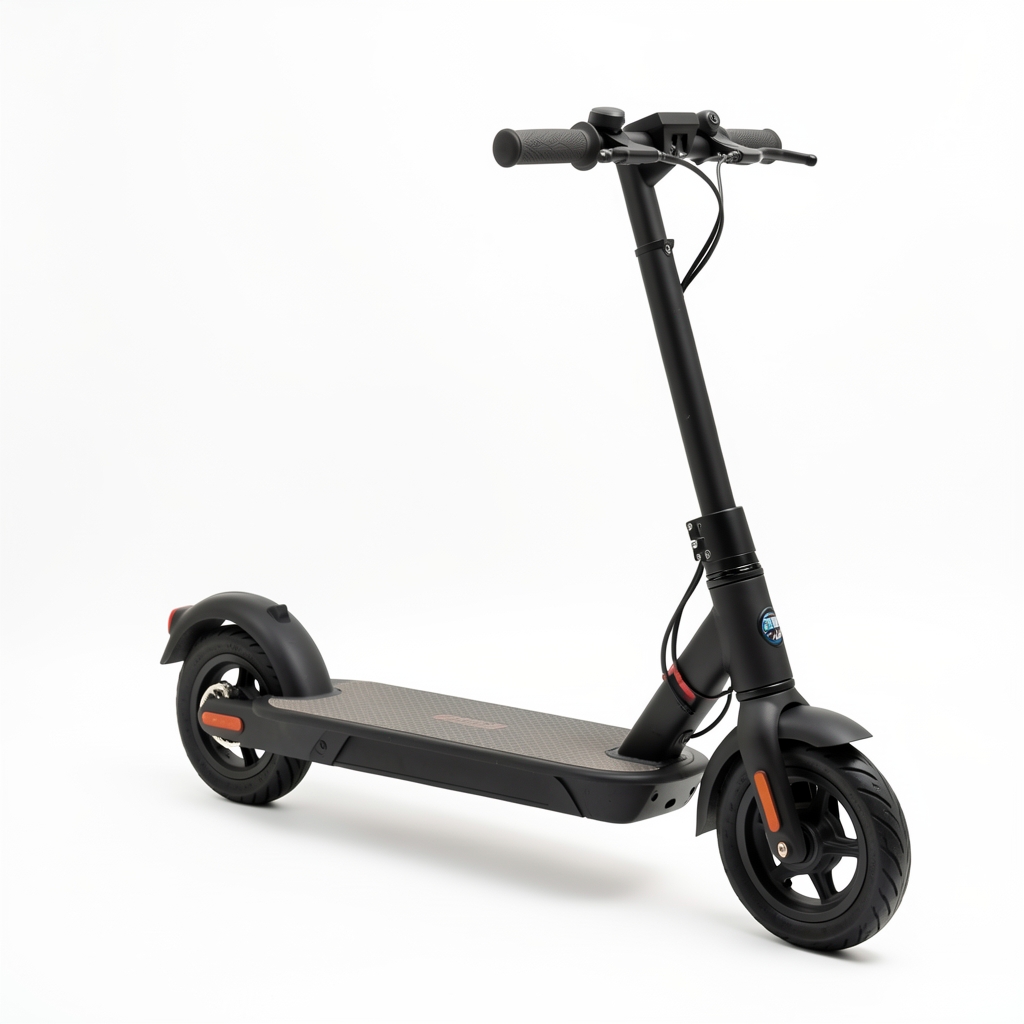 Trotinetă electrică Xiaomi Electric Scooter 4 Pro neagră cu ghidon pliabil pe fond alb, platformă largă anti-alunecare și roți de 10 inch